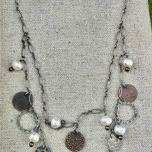 Vintage Silpada bronze coin pearl + silver double layer necklace